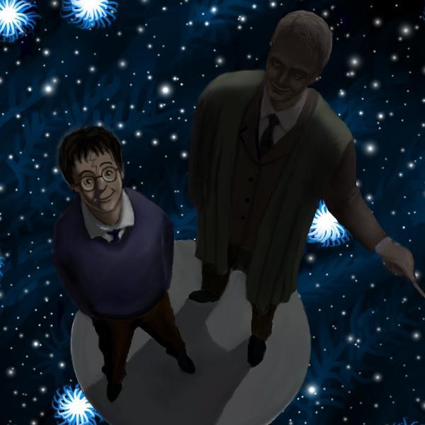 Harry and Professor Quirrell beneath a blue star field